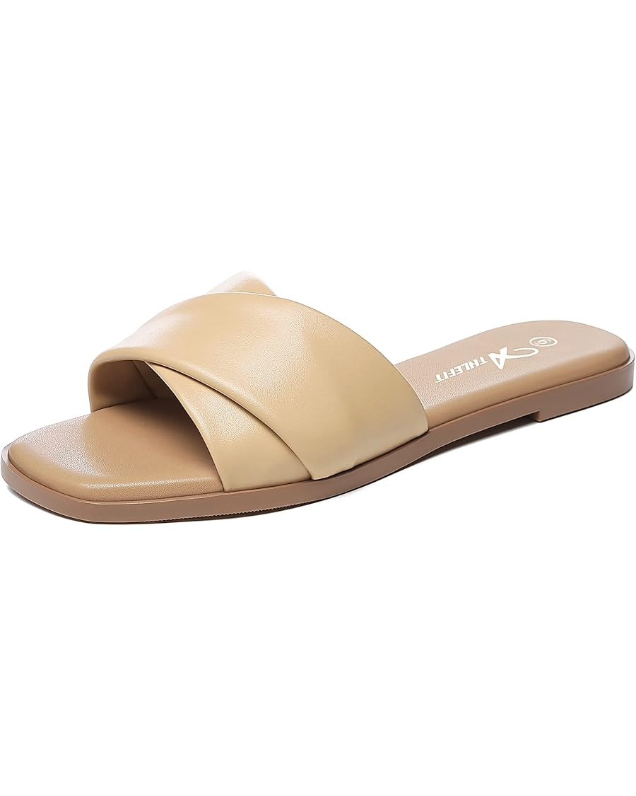 Athlefit Women's Summer Flat Sandals Slip On Square Toe Soft Leather Slide Sandals | Amazon (US)