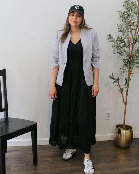 Baseball cap outfit, casual mom on the go outfit, get 10% off this maxi dress and gray blazer from Gibsonlook with code PAULINA10

#LTKstyletip #LTKSeasonal #LTKshoecrush