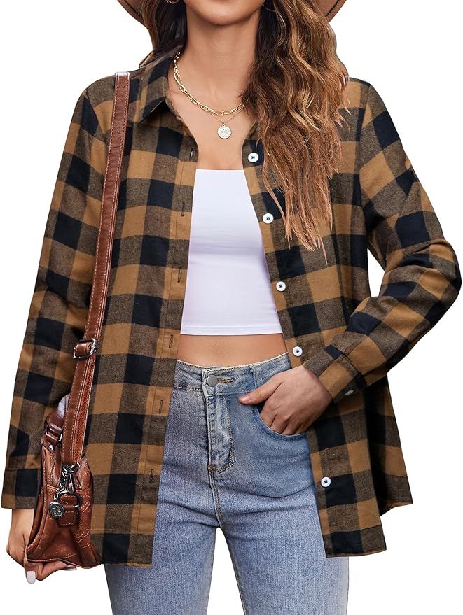 Zeagoo Flannel Shirt Women Button Down Long Sleeve Plaid Shirts Collared 2024 Casual Work Tops S-... | Amazon (US)