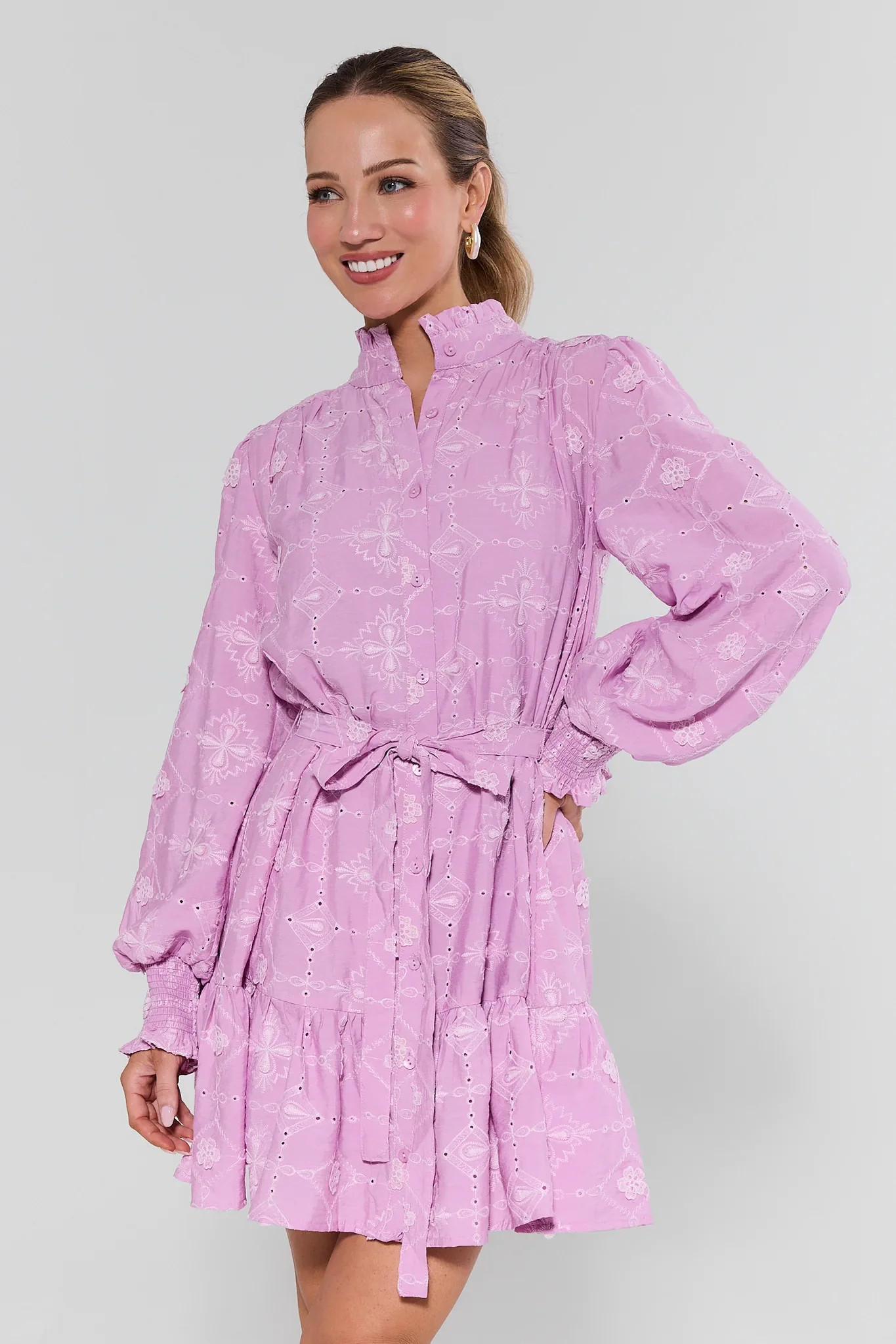 Orchid Lilac Embroidered Short Dress | Avara