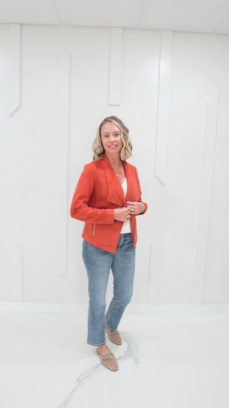 Keep calm and enjoy fall!! Check out this perfect orange jacket from Amazon currently only $50!! 
Fashionablylatemom 
Fall Fashion 
Workwear Outfit 
Nordstrom jeans 
Tan mules 