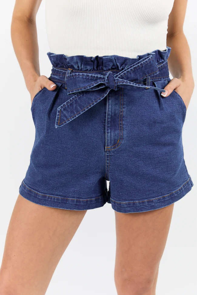 What's New Dark Wash Paperbag Waist Belted Denim Shorts FINAL SALE | Pink Lily