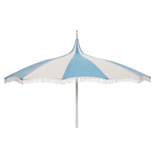 Ari Pagoda Fringe Patio Umbrella, Blue/White | One Kings Lane