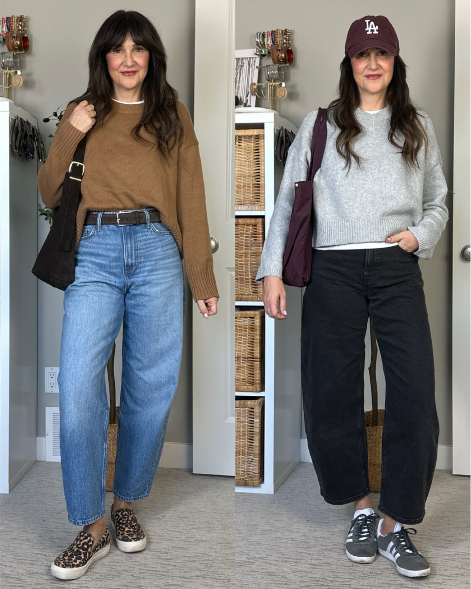 Barrel leg jeans outfit ideas: casual!
I’m 5’ 7” size 4ish wearing my usual size 4 in the H&M jeans (left) and 27 in the Everlane jeans (right). The H&M pair are very high waisted, have a longer inseam and come in 13 washes. Mine is “light denim blue”.
The Everlane pair are more of a mid rise, have a shorter inseam and come in 7 washes. Mine is “washed black”.
Also linked the rest of the outfits, I’m wearing my usual size S in the sweaters and tee. I sized down 1/2 size in the grey sneakers (I go down 1/2 size in all Adidas sneakers if it’s women’s sizing, down 1.5 sizes if it’s men’s). The leopard sneakers are old but I linked similar 

Leopard sneakers are old but I linked similar. 

#LTKItBag #LTKShoeCrush #LTKStyleTip