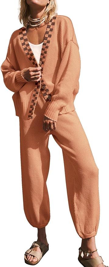 SAUKOLE Womens Two Piece Outfits Knit Sweater Sets Oversized Button Down Cardigan and Long Pants ... | Amazon (US)