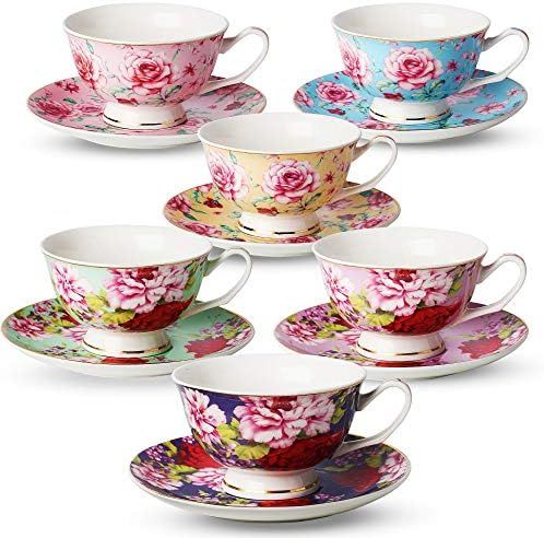 BTaT- Tea Cups, Tea Cups and Saucers Set of 6, Tea Set, Floral Tea Cups (8oz), Tea Cups and Sauce... | Amazon (US)