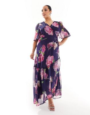 Hope & Ivy Plus ruffle wrap maxi dress in navy & pink | ASOS (Global)