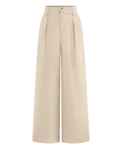 BTFBM Women Wide Leg Dress Pants 2026 High Waisted Button Pleated Business Casual Trousers Office Work Palazzo Pants(Beige, Large) | Amazon (US)