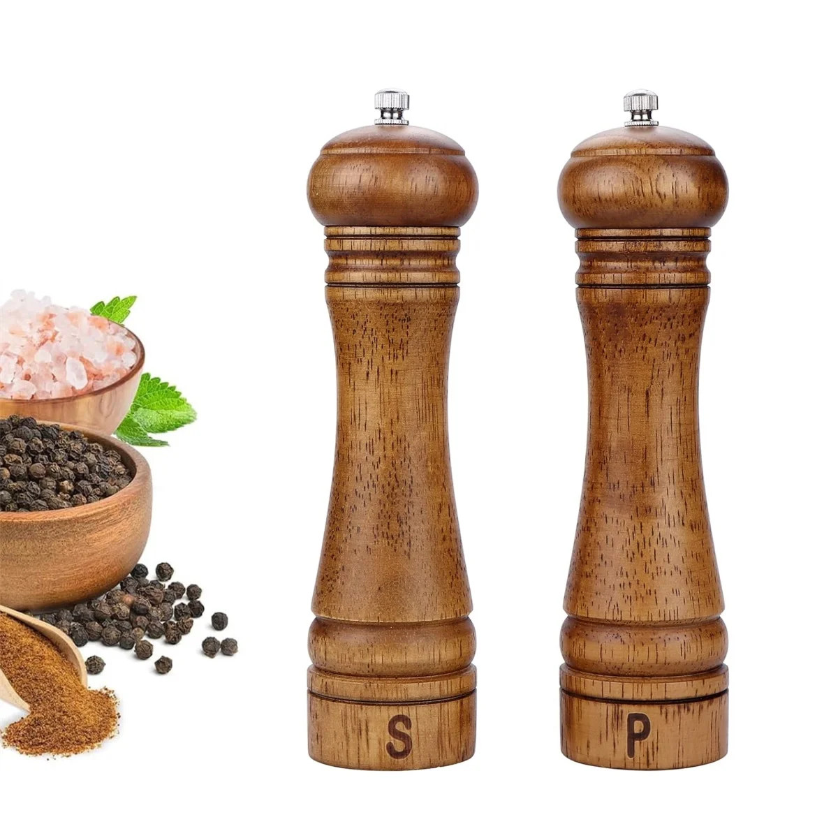 2 Pack Wood Salt and Pepper Grinder Set, 8” Pepper Grinders, Manual Salt and Pepper Mill Set Sa... | Walmart (US)