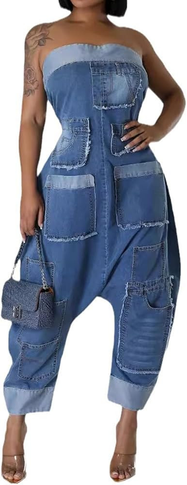 Molilove Women's Loose Cargo Denim Jumpsuit Sleeveless Tube Top and Baggy Pants with Pockets Jeans Romper One Piece Outfits | Amazon (US)