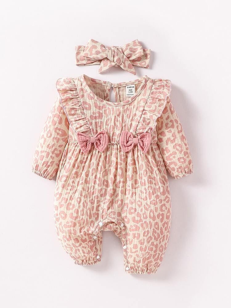 Newborn Baby Leopard Print Ruffle Trim Bow Front Jumpsuit With Headband | SHEIN