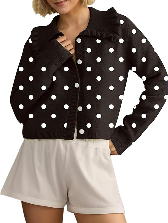 Womens Ruffle Collar Cardigan Sweater Button Up Open Front Fall Knit Jackets Cute Long Sleeve But... | Amazon (US)