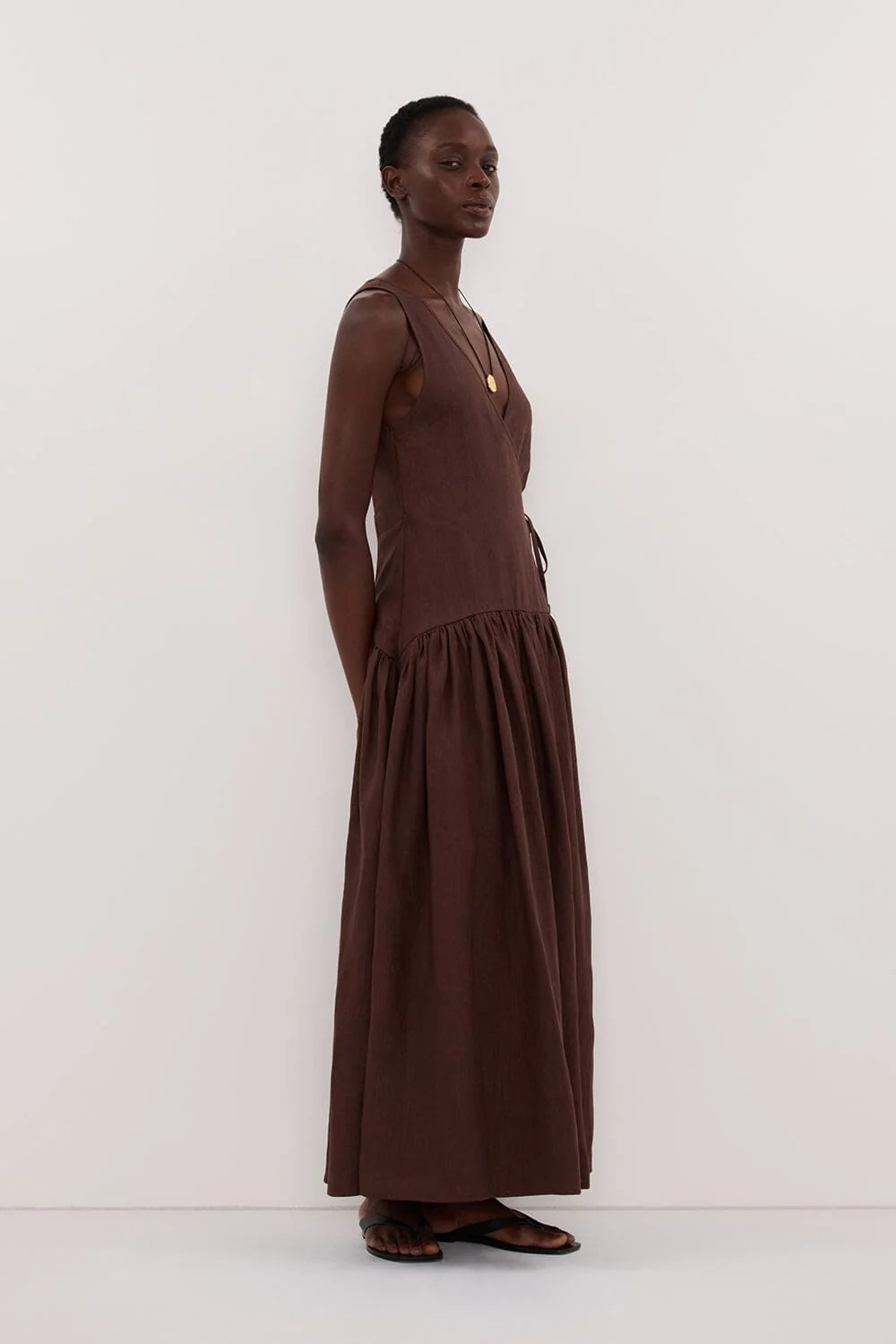 ILIO COCOA LINEN WRAP MIDI DRESS | DISSH