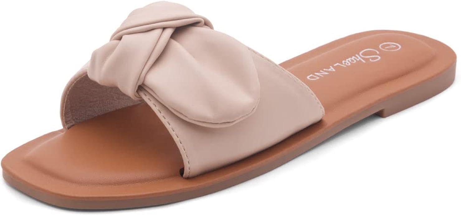Shoe Land Amilie Women's Square Open Toe Slide Slip on Bow Tie Flat Sandals for Summer | Amazon (US)
