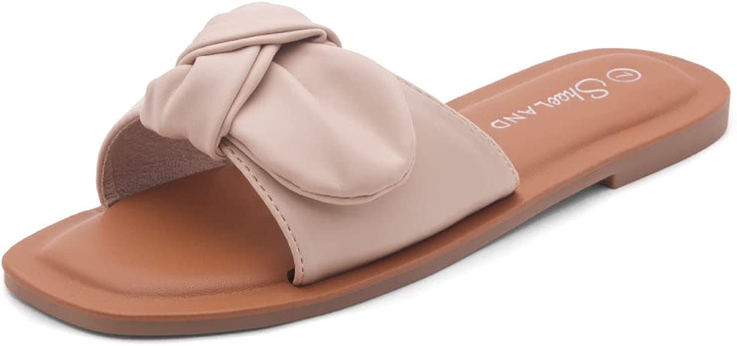 Shoe Land Amilie Women's Square Open Toe Slide Slip on Bow Tie Flat Sandals for Summer | Amazon (US)