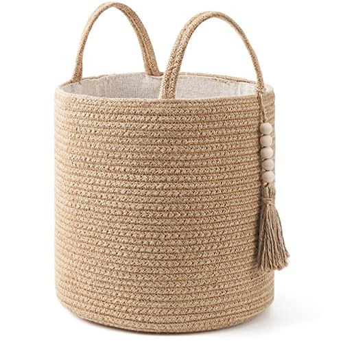 Mkono Woven Storage Basket Decorative Natural Rope Basket Wooden Bead Decoration for Blankets,Toys,Clothes,Shoes,Plant Organizer Bin with Handles Living Room Home Decor (Brown, 28 x 28cm) | Amazon (US)
