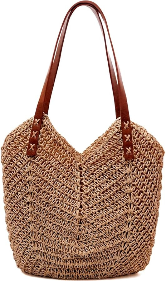 Straw Beach Bag for Women, Summer Straw Tote Bag Handbag with Zip Leather Handles, Retro Handmade... | Amazon (UK)
