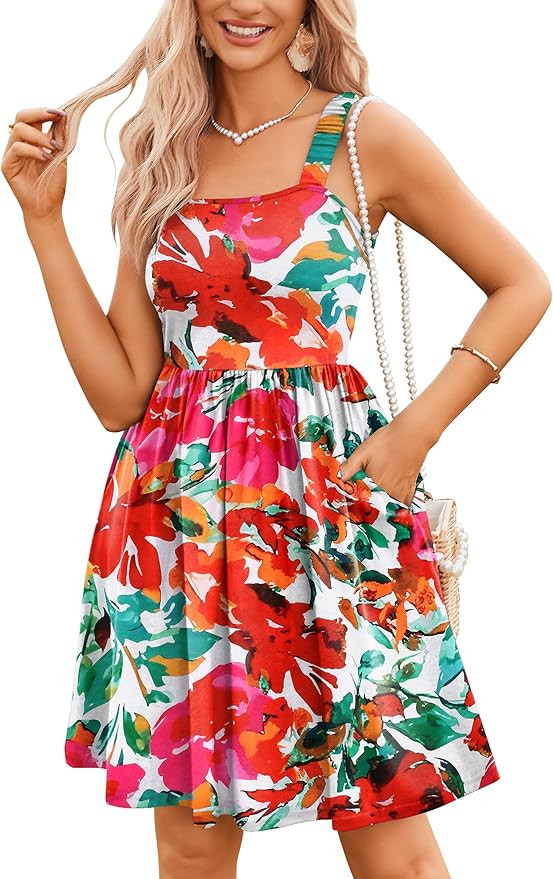 HOTOUCH Women's Summer Dress Floral Square Neck Sleeveless Casual Dress with Pockets A-line Swing... | Amazon (US)