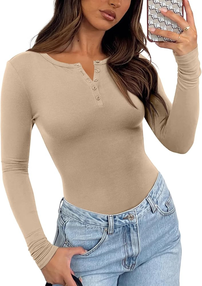 REORIA Womens V Neck Henley Bodysuit Wool Long Sleeve Bodysuits Button Down Double Lined Tops Fal... | Amazon (US)