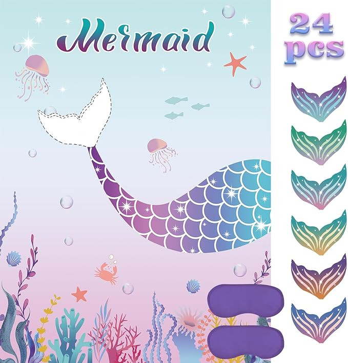 Pin The Tail on The Mermaid Party Game with 24 PCS Tails for Kids Girls Birthday 21'' x 28'' (Mer... | Amazon (US)