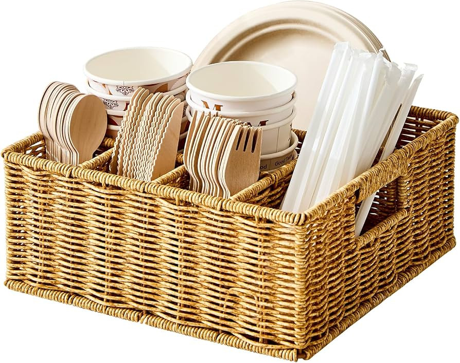 Berdeng Utensil Holder for Party, Paper Plate Dispenser for Countertop, Silverware Caddy for Picnic, Cutlery Holder for Kitchen Camping Buffet, Wicker Basket with 6 Compartments | Amazon (US)