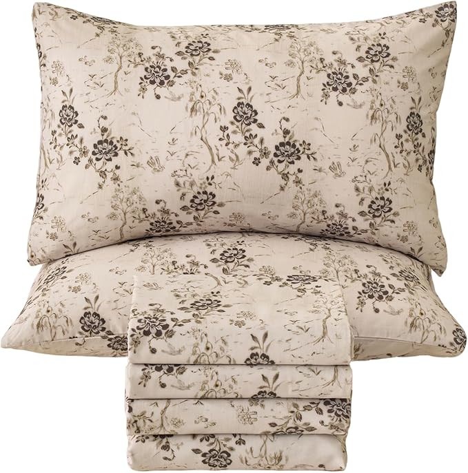 Beige Floral Bed Sheets King Size Sheet Set 100% Cotton Satin Weave 4Pcs, Tan Taupe Flower Printe... | Amazon (US)