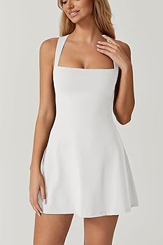 QINSEN Womens Square Neck Tennis Dress Sleeveless Built in Shorts Golf Athletic Dress with Pocket... | Amazon (US)