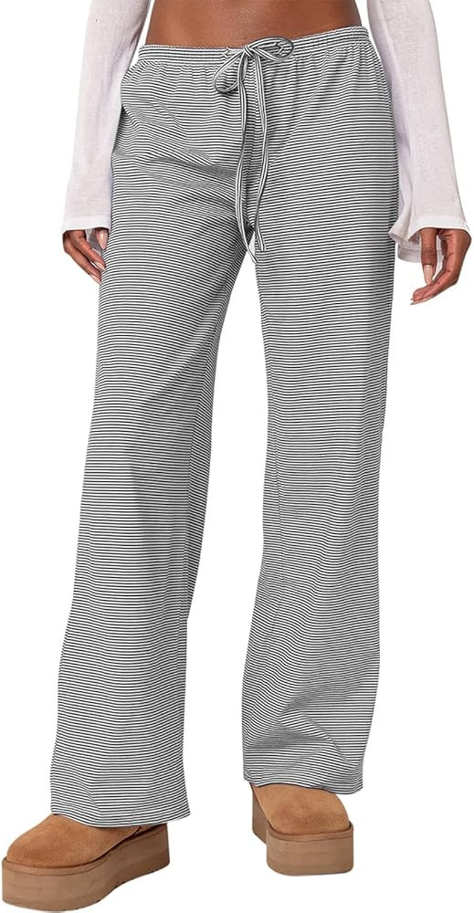 Ugerlov Women's Wide Leg Striped Pants Casual Drawstring Elastic Low Rise Pajama Pants Lounge Wea... | Amazon (US)