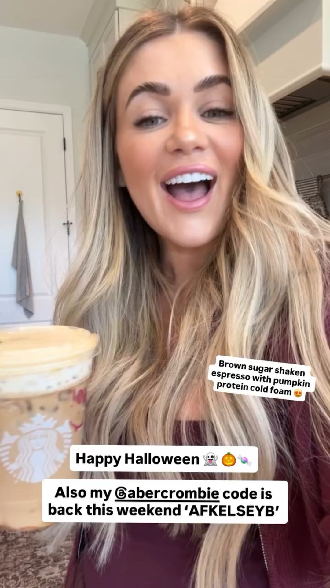 Happy Halloween 👻 🎃🍬

Also my @abercrombie code is back this weekend ‘AFKELSEYB’  Brown sugar shaken espresso with pumpkin protein cold foam 😍

#LTKSaleAlert #LTKMidsize #LTKHoliday