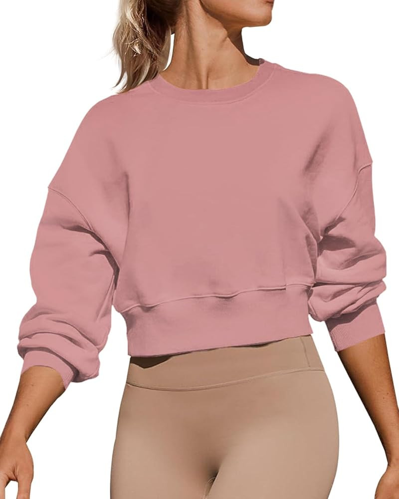 Women's Long Sleeve Round Neck Cropped Sweatshirts Cute Loose Fit Pullover Tops | Amazon (US)