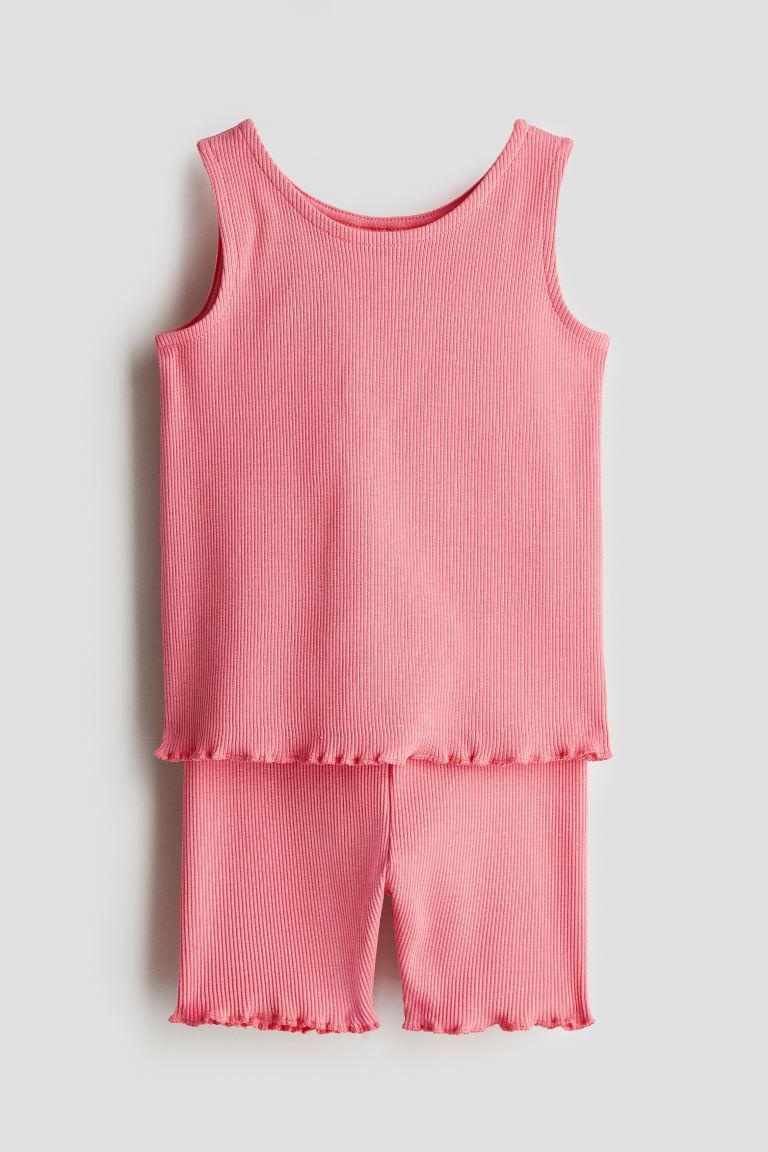 2-piece Ribbed Cotton Jersey Set - Regular waist - Round Neck - Hot pink - Kids | H&M US | H&M (US + CA)