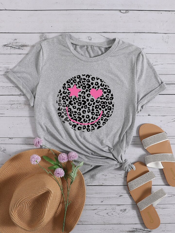 SHEIN Essnce Leopard & Figure Print Tee | SHEIN