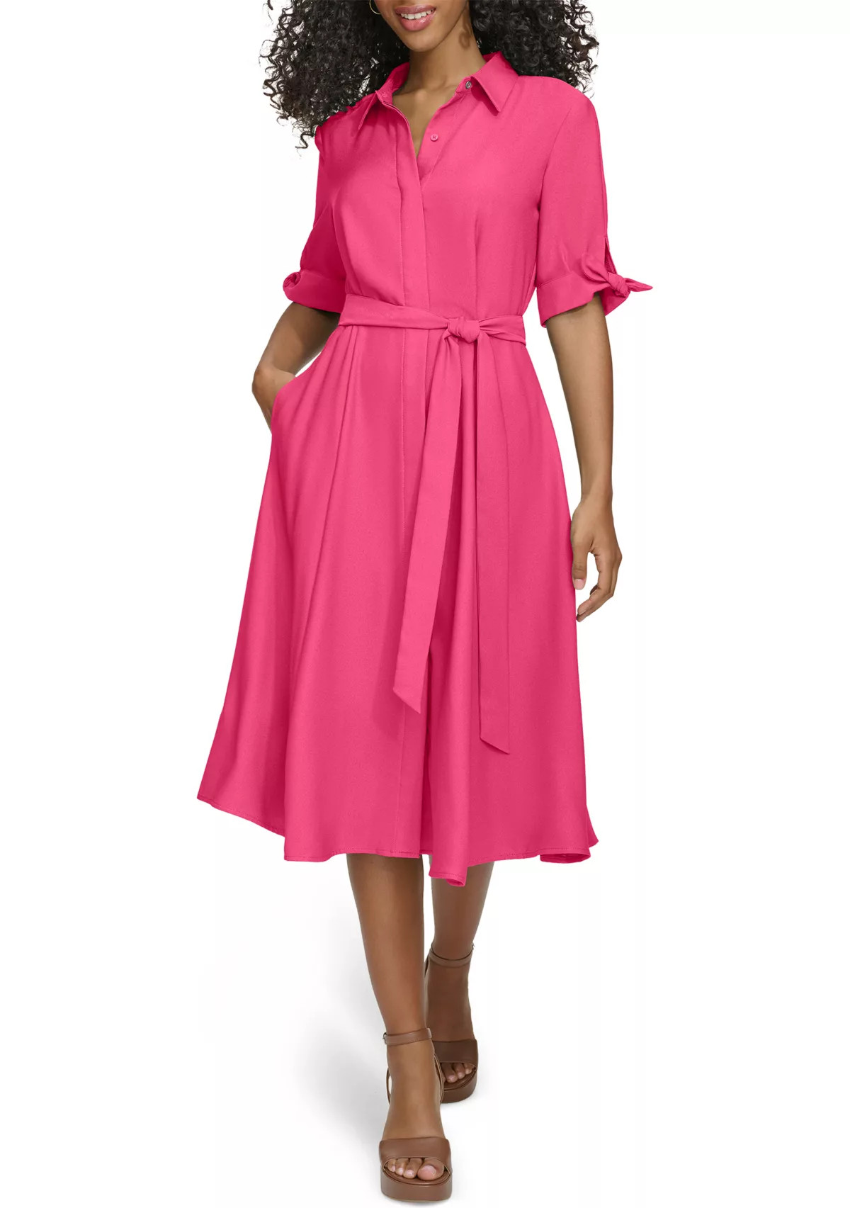 Calvin KleinWomen's Elbow Sleeve Collared Tie Waist Dress | Belk