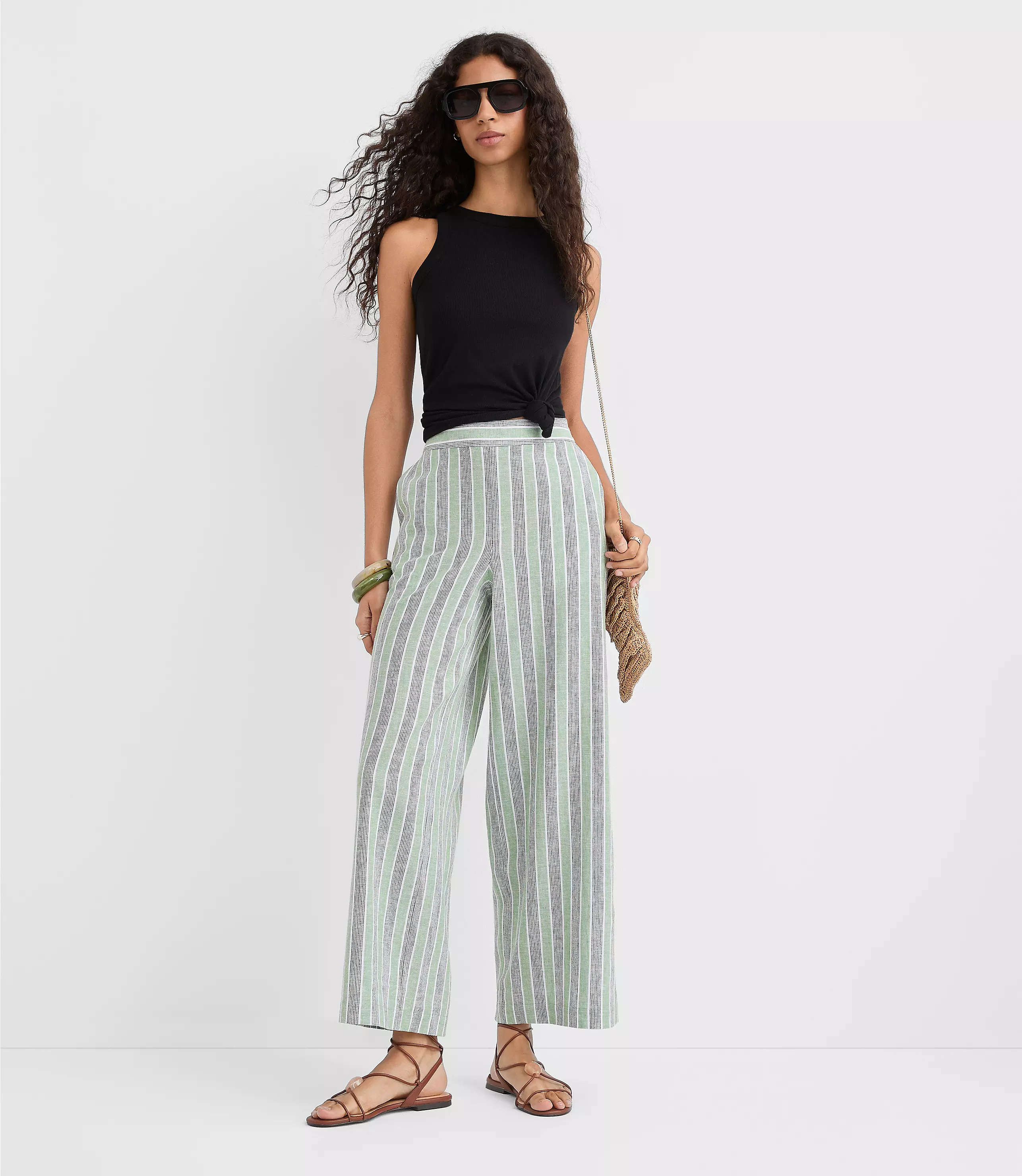Petite Pull On Wide Leg Pants in Striped Linen Cotton | LOFT