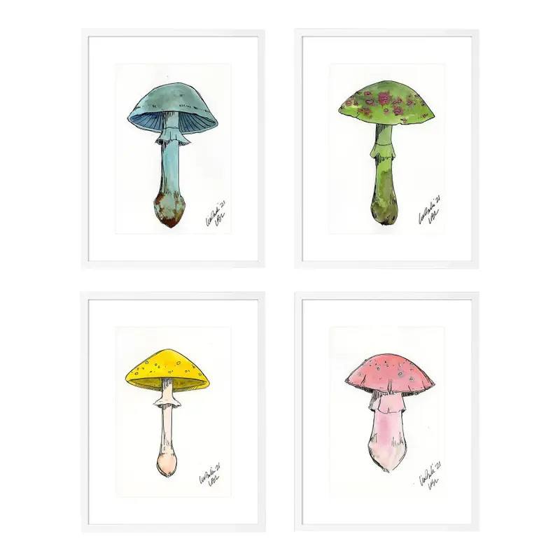 Mushroom by Lia Burke Libaire in White Frame, XS Art Prints, Set of 4 | Chairish