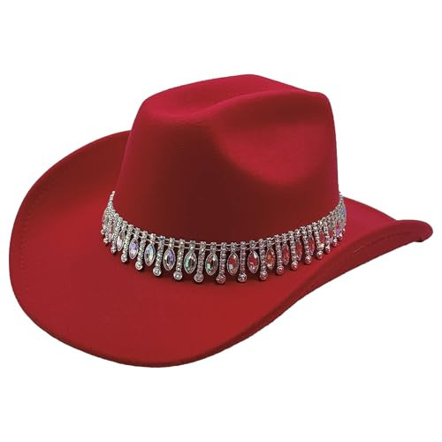 Xufadiva Shiny Rhinestone Women's Cowgirl Hat Western Cowboy Retro Panama Unisex Sequin Wide Brim Hat Red | Amazon (US)