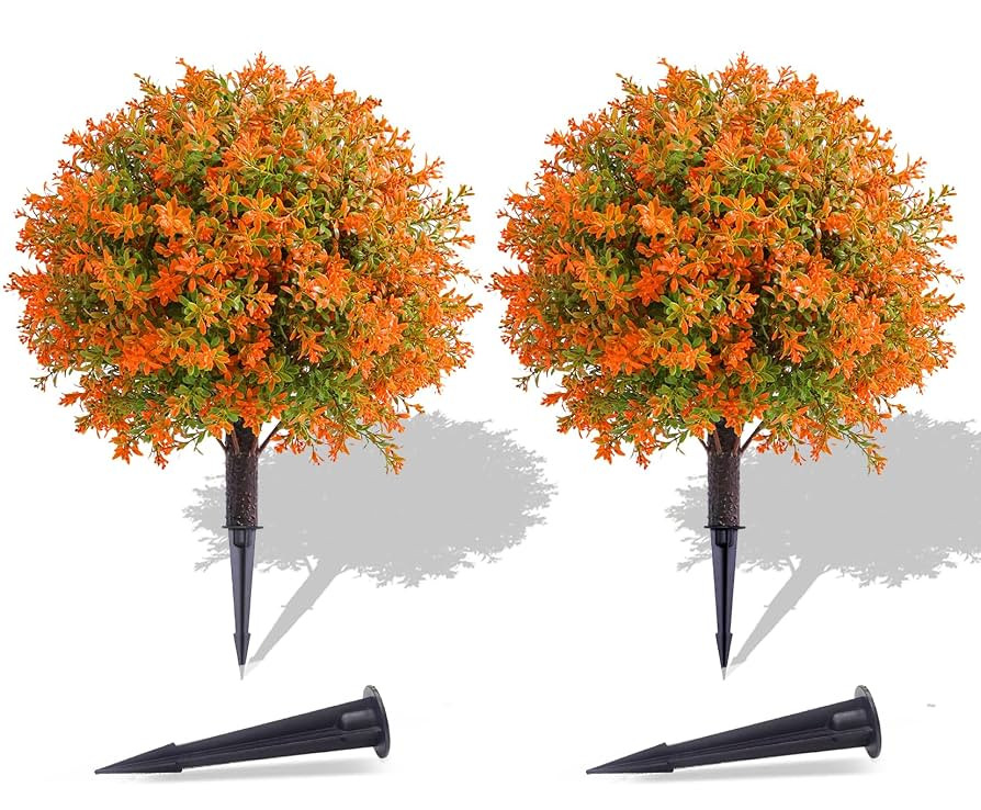 Artificial Topiary Ball Fall Trees with Ground Spike Set of 2 16" Faux Plants Realistic Fake Bush... | Amazon (US)
