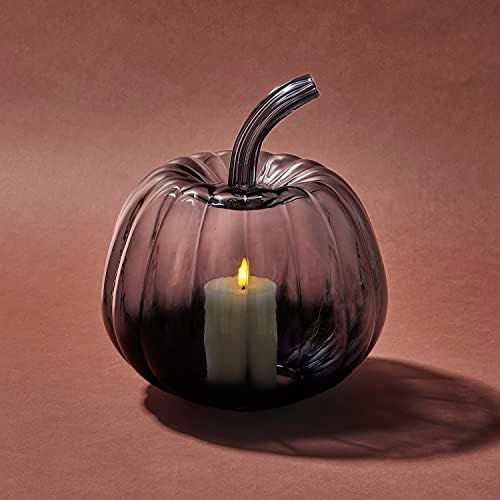 Lamplust Black Glass Pumpkin Centerpiece - 8 Inch, Votive LED Candle & Batteries Included, Grey &... | Amazon (US)