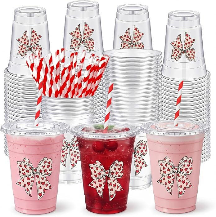 Sliner 50 Pcs 16 oz Valentine Bow Cups with Lid and Straw Coquette Red Heart Bow Galentines Cup P... | Amazon (US)