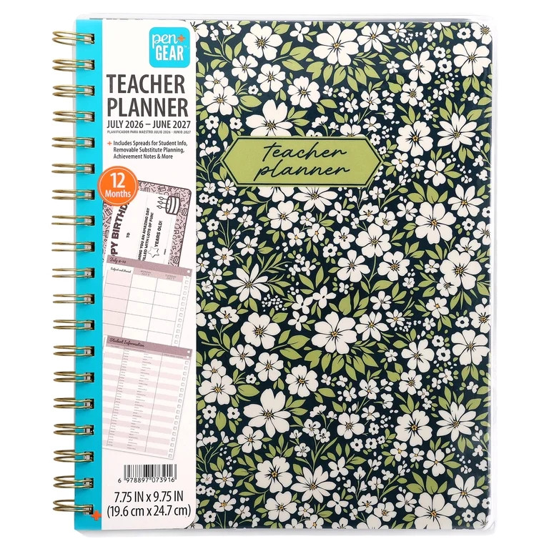 Pen+Gear 12-Month Monthly Teacher Planner, July 2026-June 2027, Dark Navy Floral, 7.75" x 9.75" | Walmart (US)