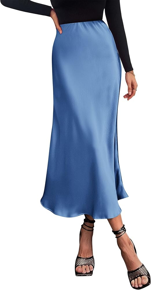 PRETTYGARDEN Women's Summer Midi Satin Skirt Dressy Casual High Waisted A Line Flowy Ruffle Elega... | Amazon (US)