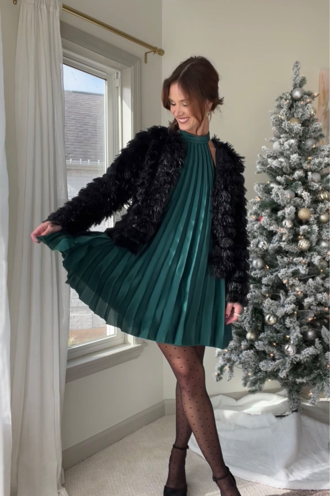 Green dress // wearing s
Black jacket // wearing s
Black tights // black pumps 

#LTKSeasonal #LTKHoliday #LTKparties