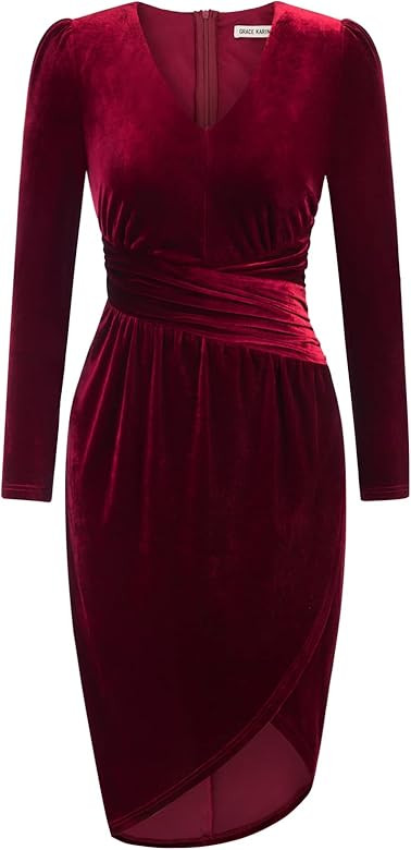 GRACE KARIN Women's Long Sleeve Velvet Dress V Neck Ruched Bodycon Cocktail Wedding Guest Dress | Amazon (US)