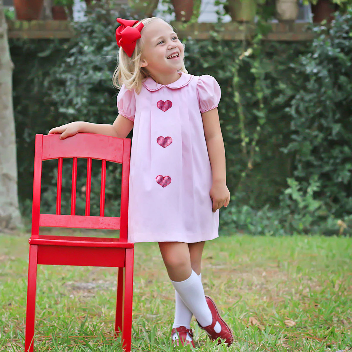 Pink Pique Pleated Heart Applique Dress | Classic Whimsy