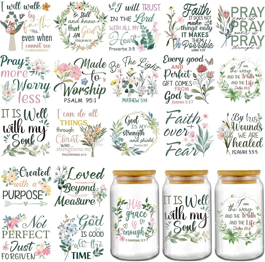 Bible Verse UV DTF Decals - 20 Sheets Christian Motivational Quotes UvDtf Cup Wraps for 16 oz Gla... | Amazon (US)