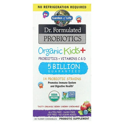 Garden of Life, Dr. Formulated Probiotics, Organic Kids + Probiotics + Vitamins C & D, Tasty Organic Berry Cherry, 30 Yummy Chewables | iHerb