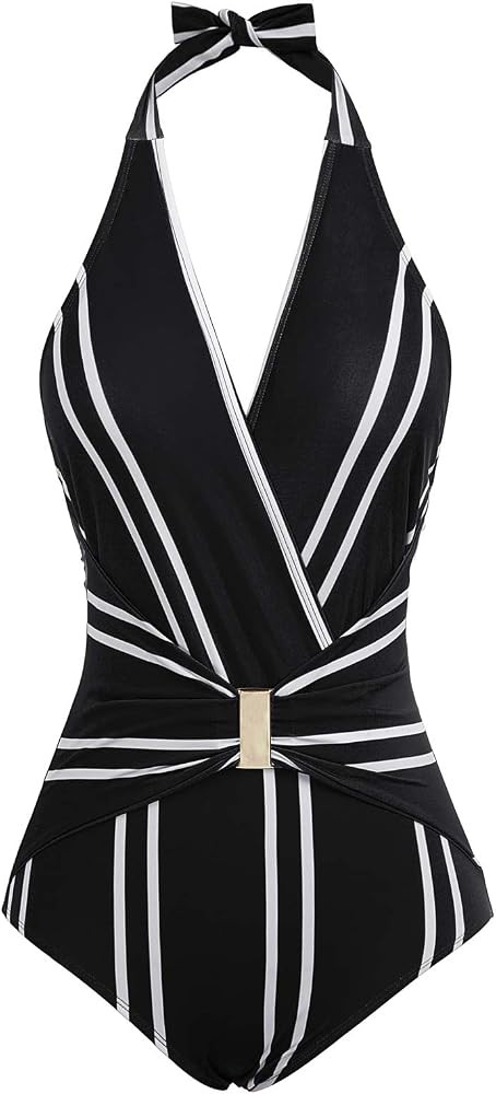 GRACE KARIN Women's Halter Swimwear V Neck Stripe One-Piece Swimsuit Monokini | Amazon (US)