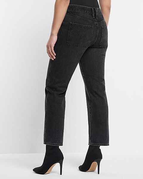High Waisted Washed Black Side Button Straight Ankle Jeans | Express
