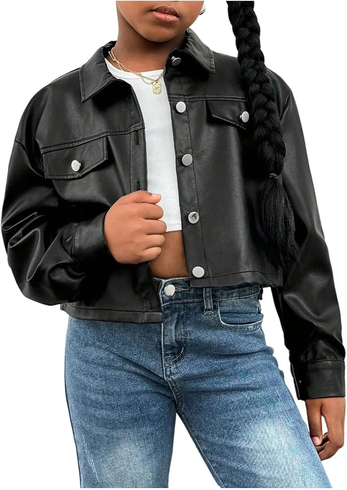 Girl's PU Leather Cropped Jacket Button Down Long Sleeve Outerwear Streetwear | Amazon (US)