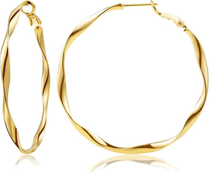 24K Gold Plated Twisted Big Hoop Earrings for Women, 2.0 | Amazon (US)